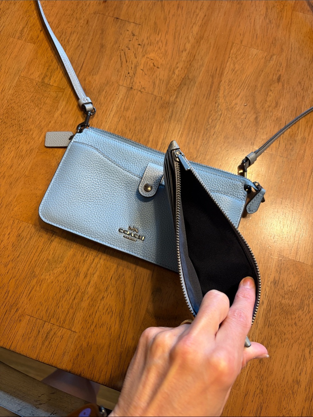 Coach Pebbled Leather Crossbody in Dusty Blue with Black Trim - Picture 4 of 5